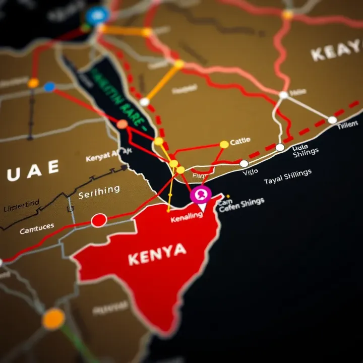 Map highlighting trade connections and currency flow between United Arab Emirates and Kenya