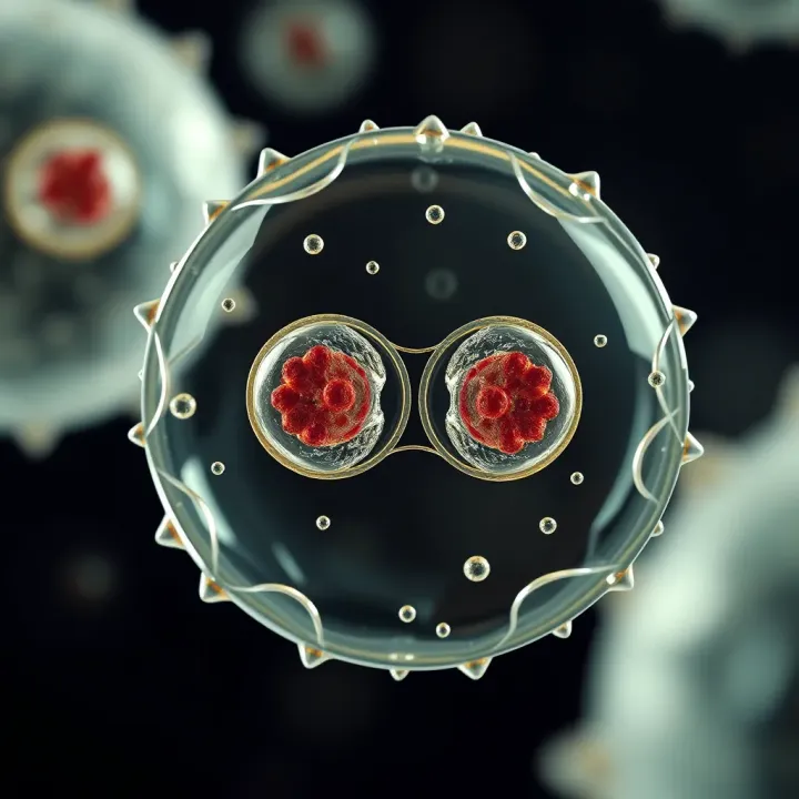 Diagram showing the division of a single cell into two identical cells through binary fission