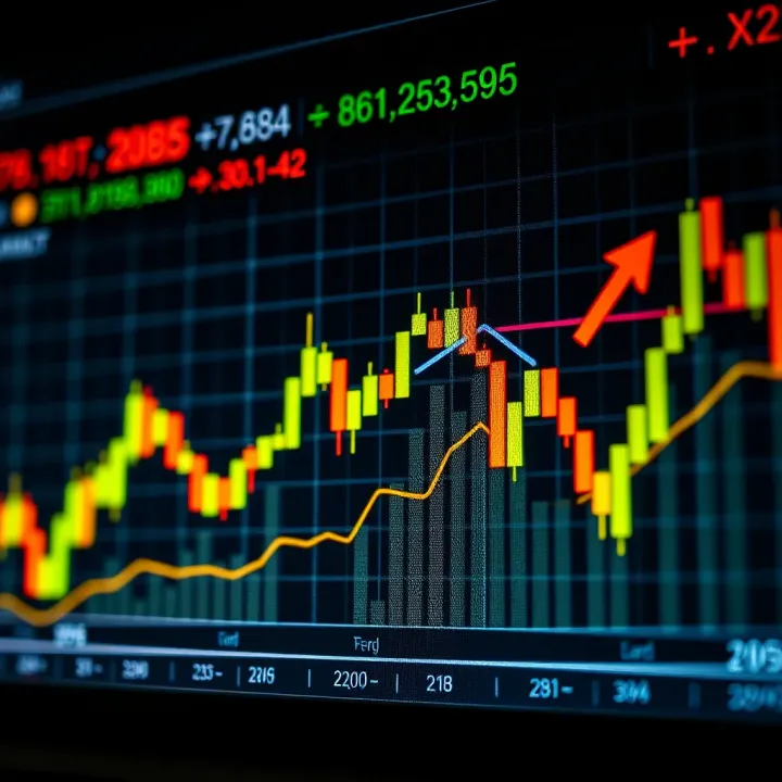 Graph representing trends in binary forex trading with currency symbols and arrows