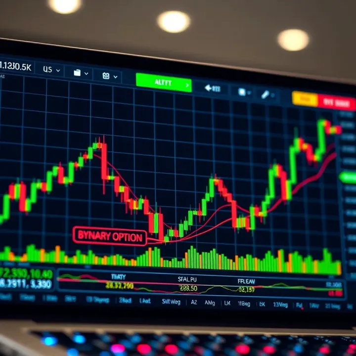 Illustration showing a digital trading interface with charts and binary options trading symbols
