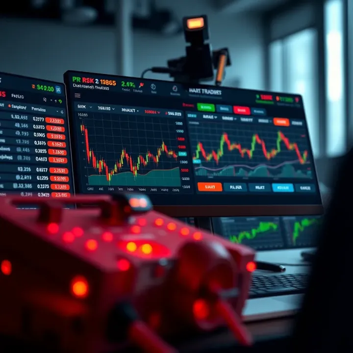 Dashboard of a binary trading platform with various market analysis tools and risk management options