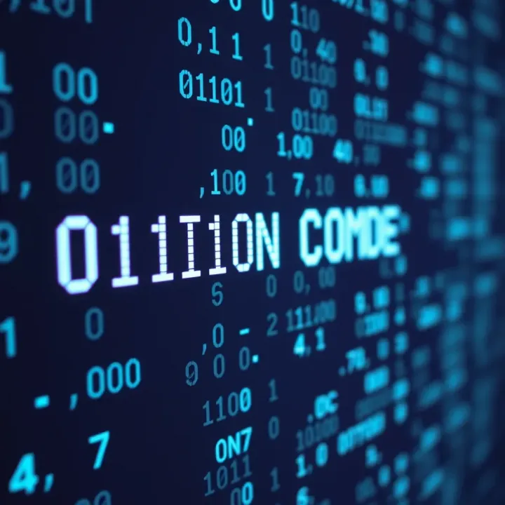 Illustration showing binary code transforming into text characters on a digital screen