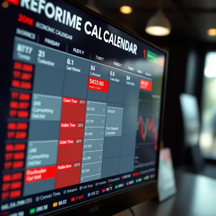 Screen displaying a forex economic calendar with various economic indicators and their scheduled release times