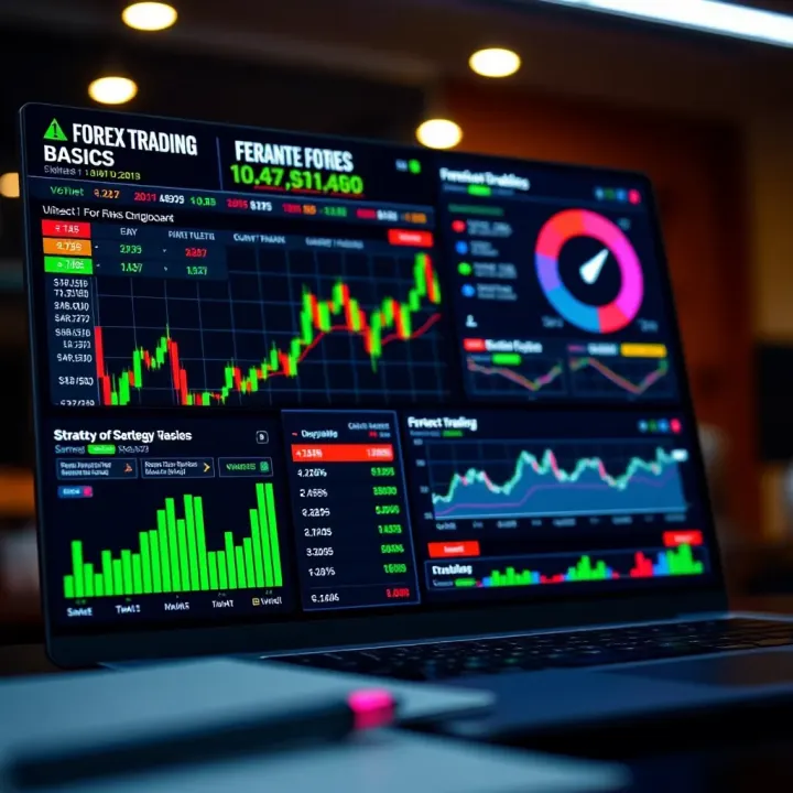 Forex Trading Dashboard with Risk Management Tools Graphic depicting a forex trading dashboard with charts, risk management tools, and strategy options
