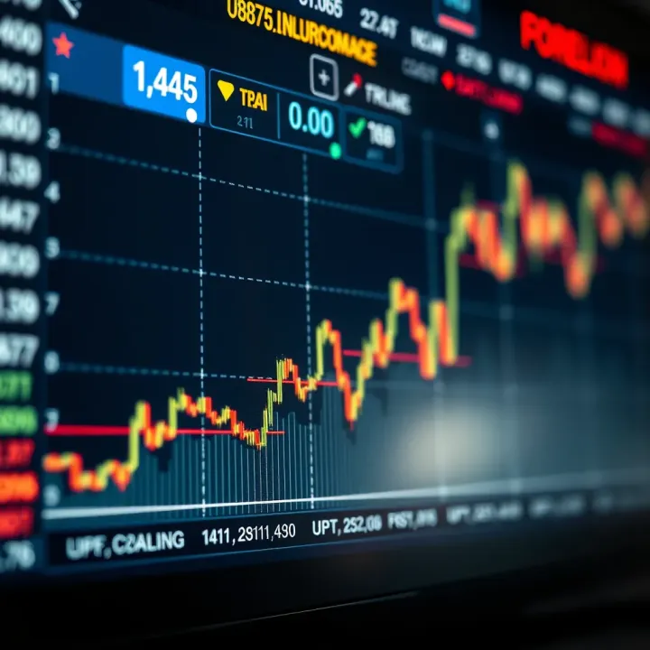 Graph showing currency exchange rate fluctuations over time with trading indicators