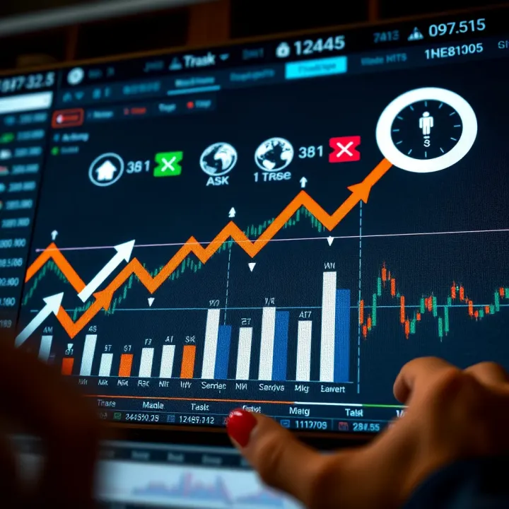 Visual representation of trading strategies with arrows, graphs, and risk management symbols