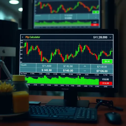Forex trading screen displaying pip calculator results with currency pairs and profit calculation