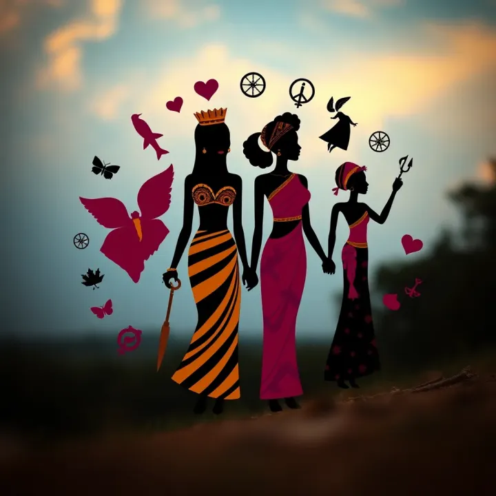 Illustration depicting diverse gender symbols intertwined representing non-binary identities within African cultural motifs