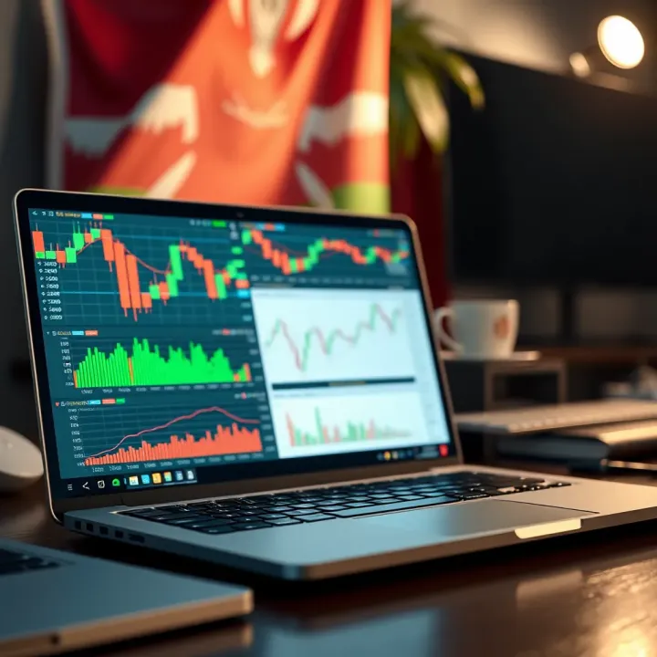 Laptop displaying forex trading platform with charts and Kenyan flag in the background